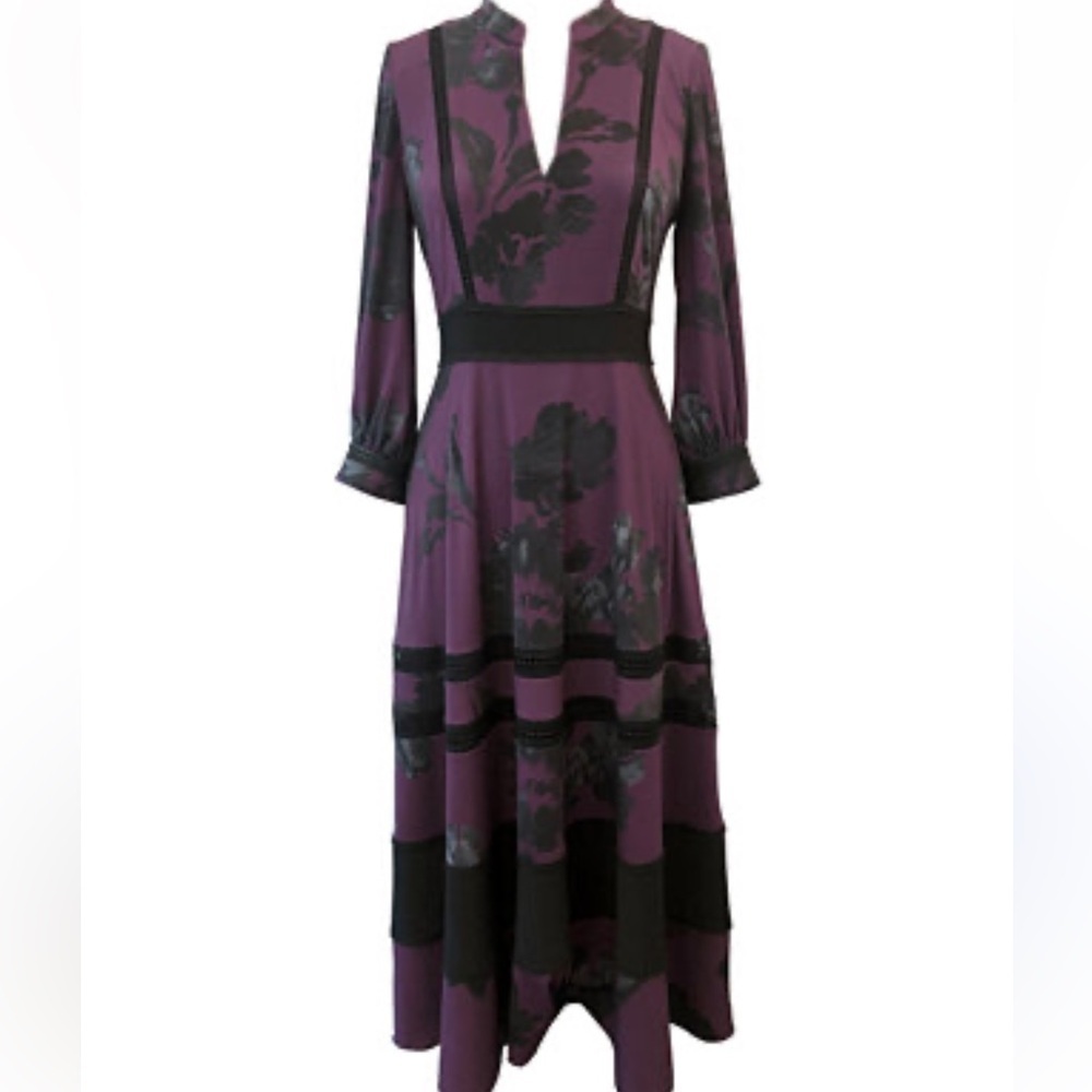 Taylor Burgundy floral print split V neck crochet trim midi dress Sz 2